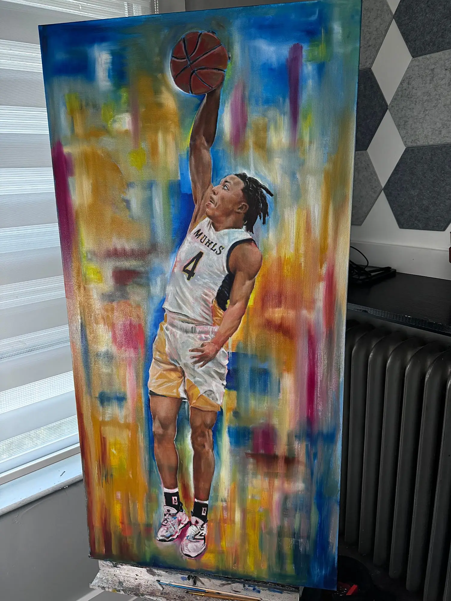 Oil painting of a basketball player going up for a dunk