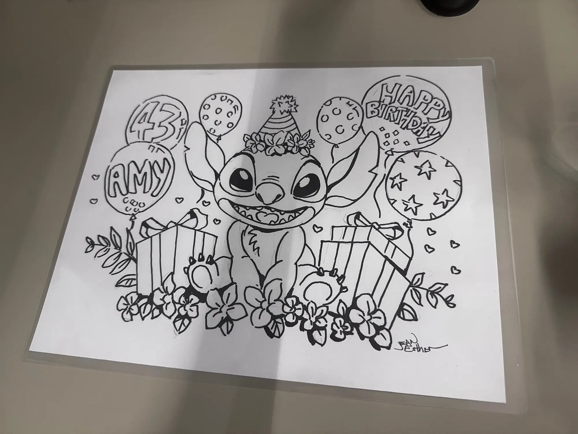 Ink birthday drawing with balloons, presents and flowers