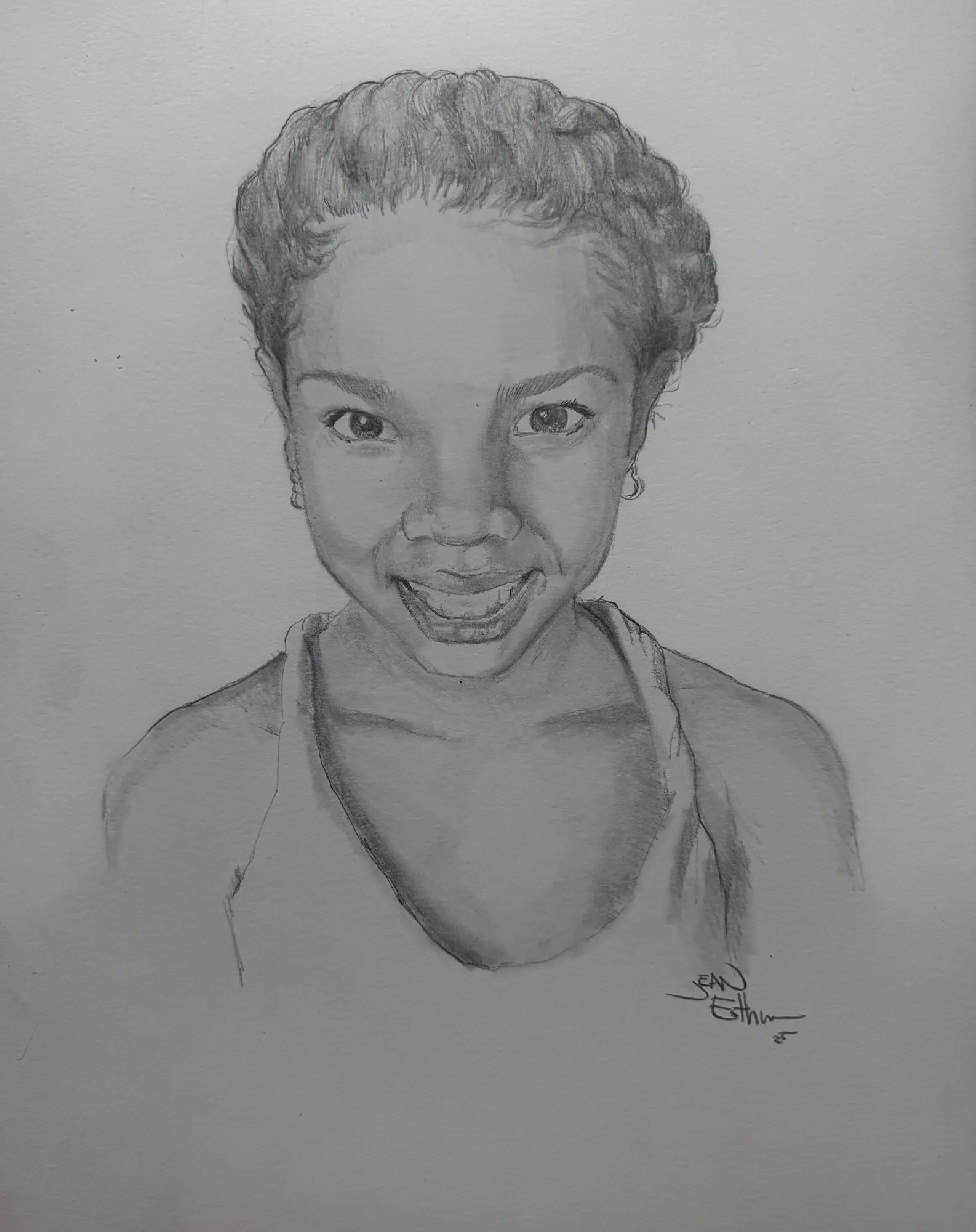 Pencil portrait of a smiling girl with a braided crown