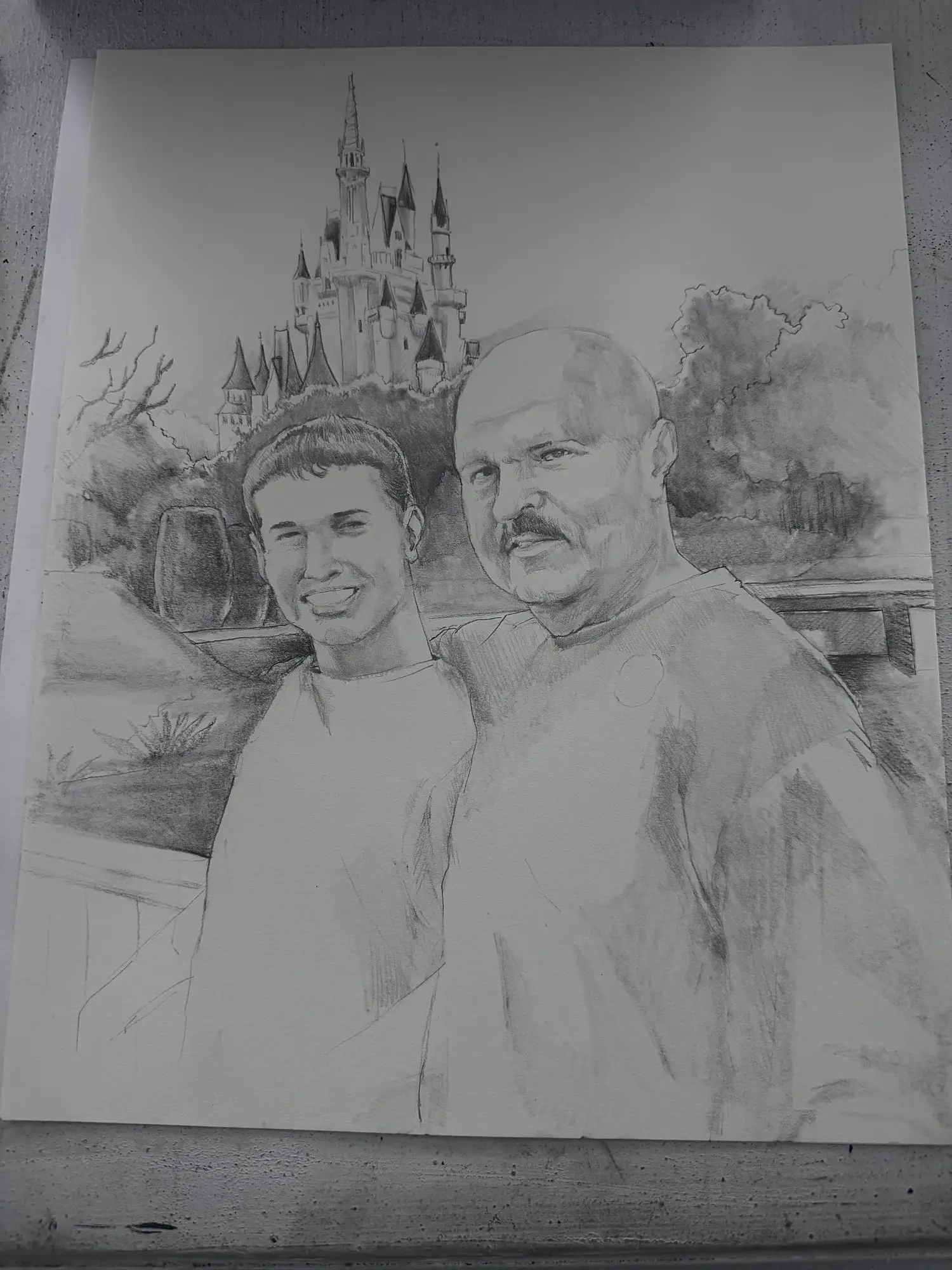 Pencil drawing of two men in front of a fairytale castle
