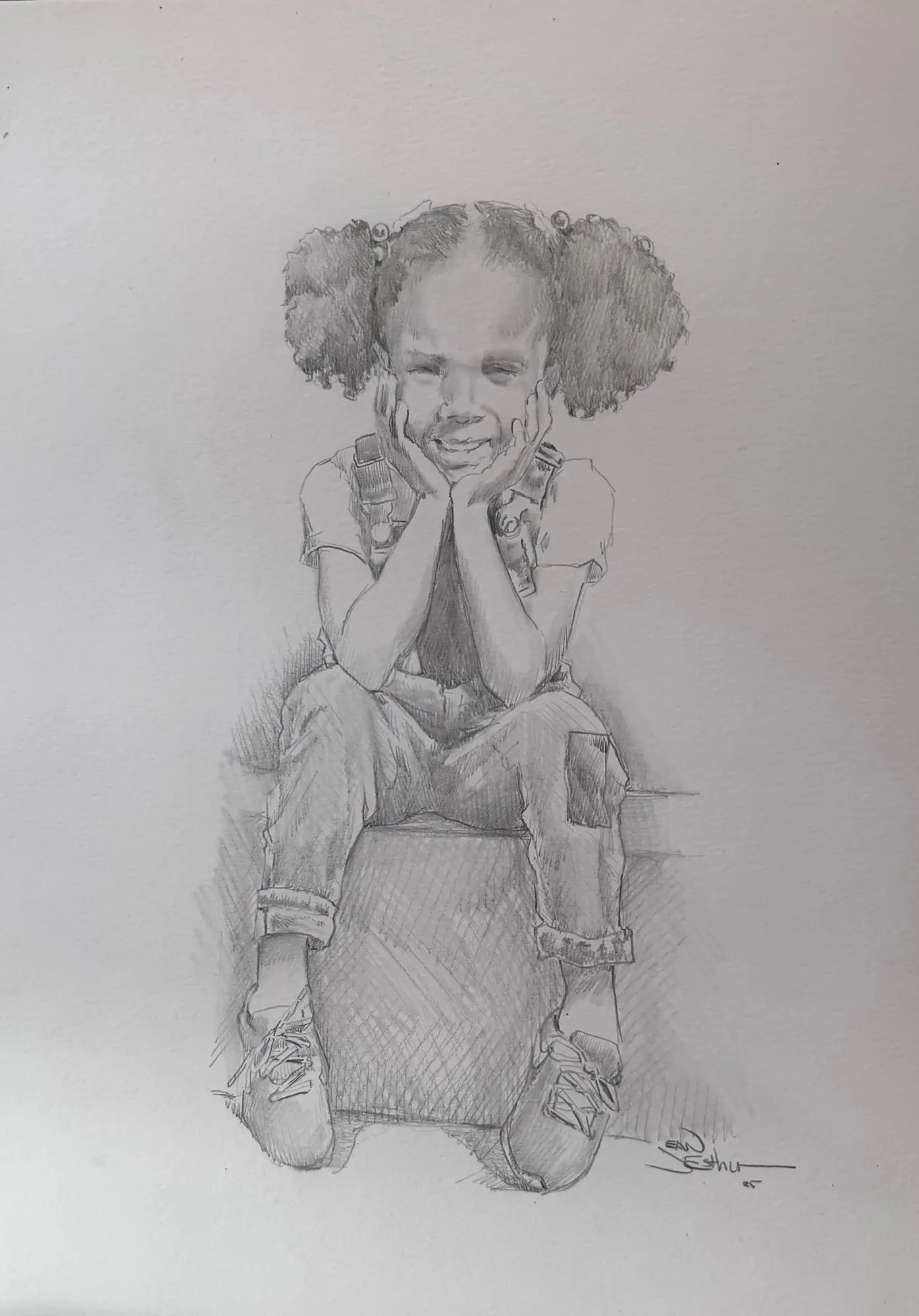 Pencil drawing of a little girl with hair puffs, chin in her hands