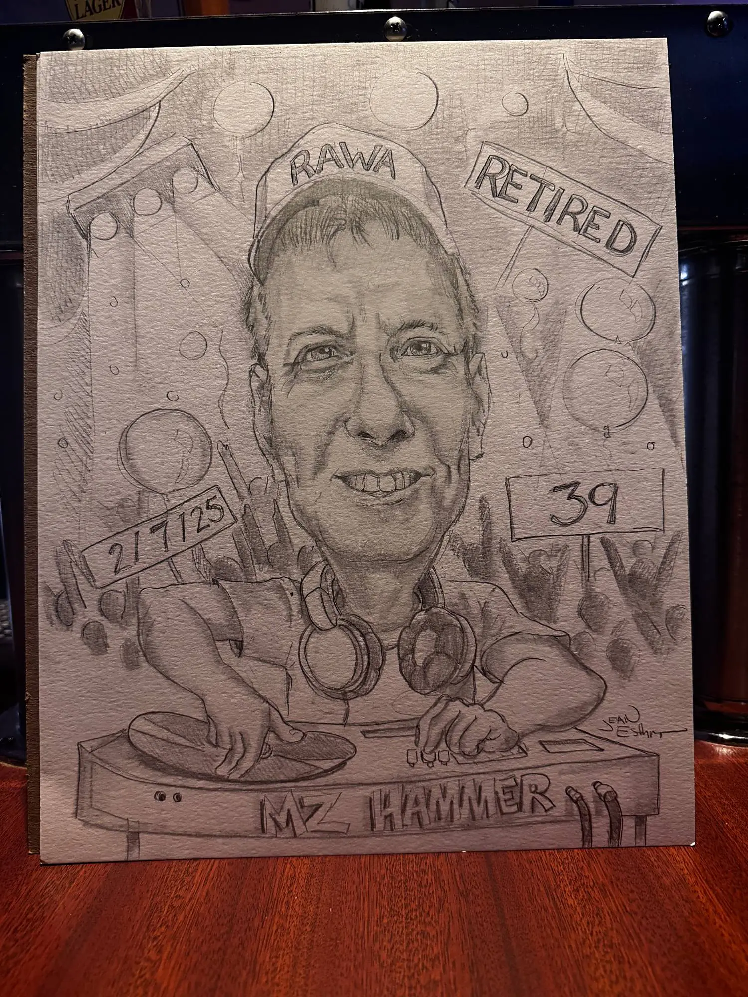 Pencil caricature of a DJ celebrating retirement