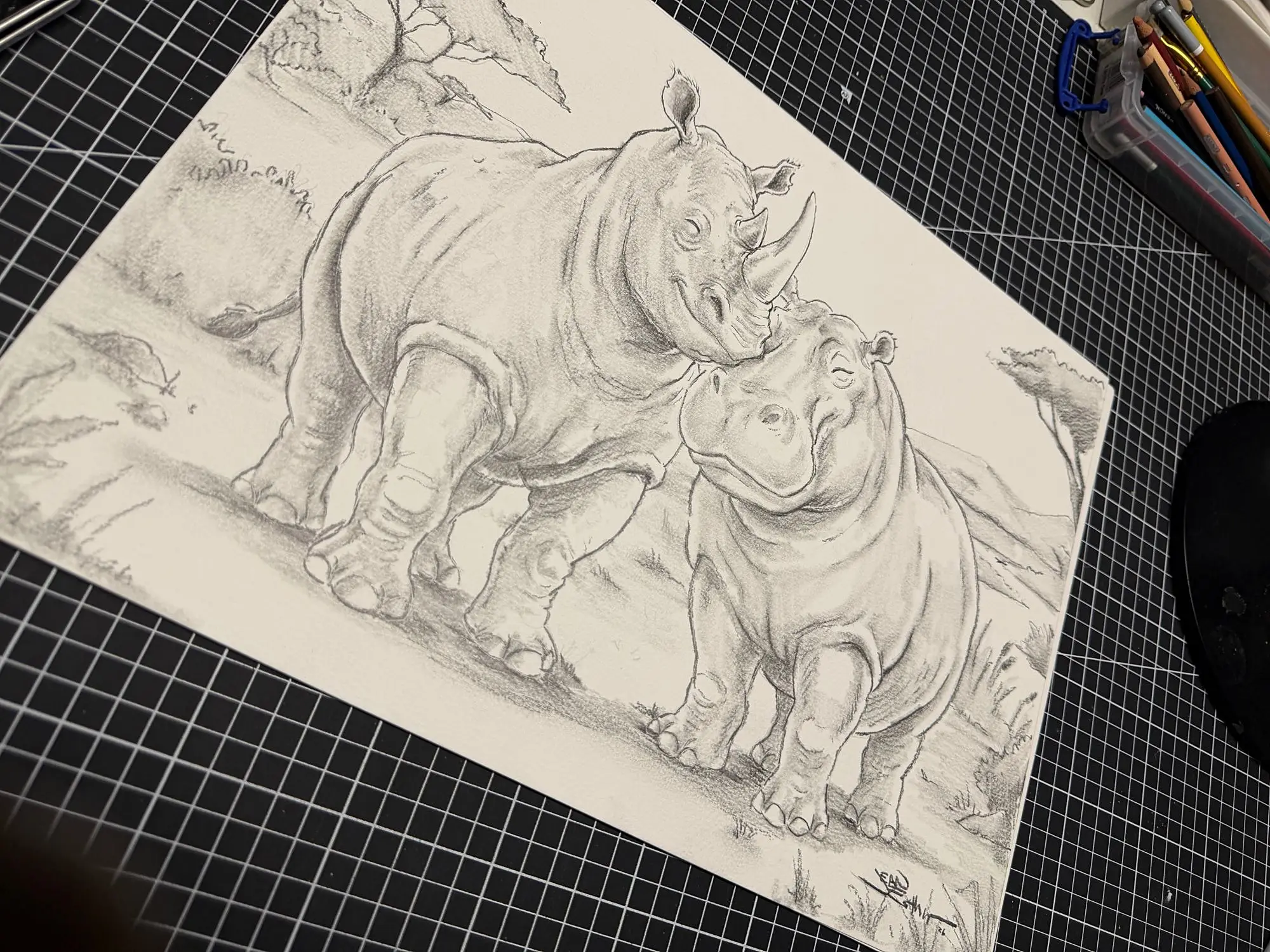 Pencil drawing of a mother rhino nuzzling her calf