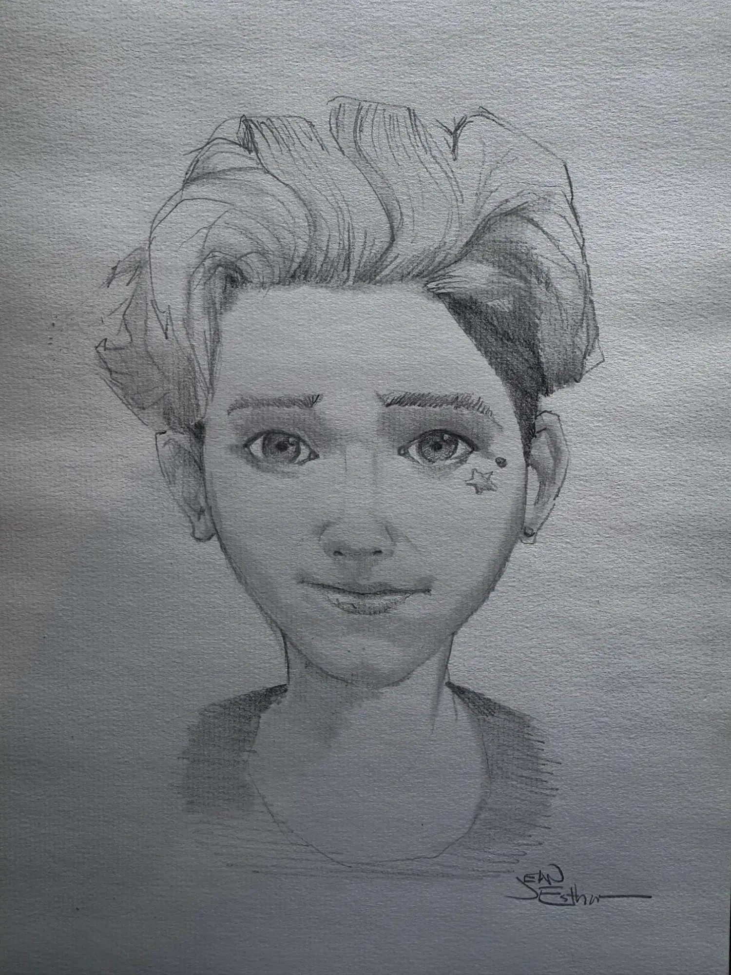 Pencil portrait of a young person with a star on the cheek