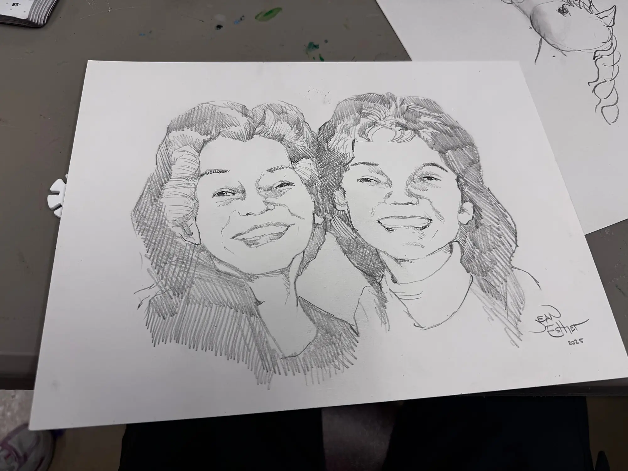 Hatched pencil portrait of two smiling women