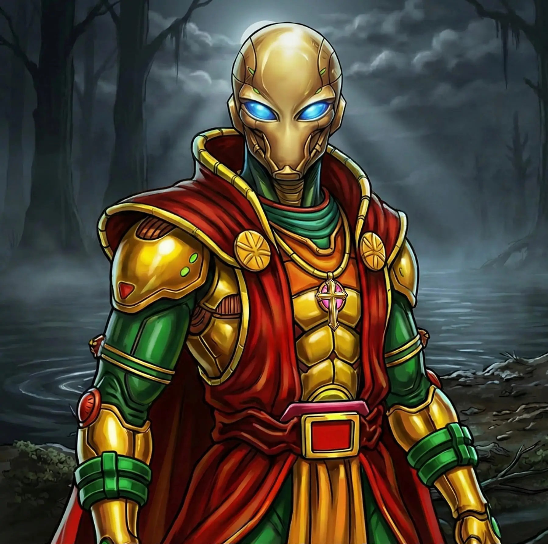 Meta Sabian hero in gold armor and a red cloak in a misty forest