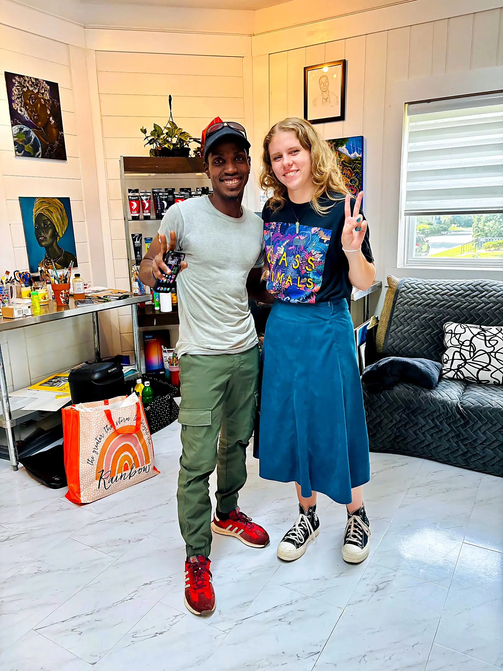 Jean Esther with a visitor in the studio lounge