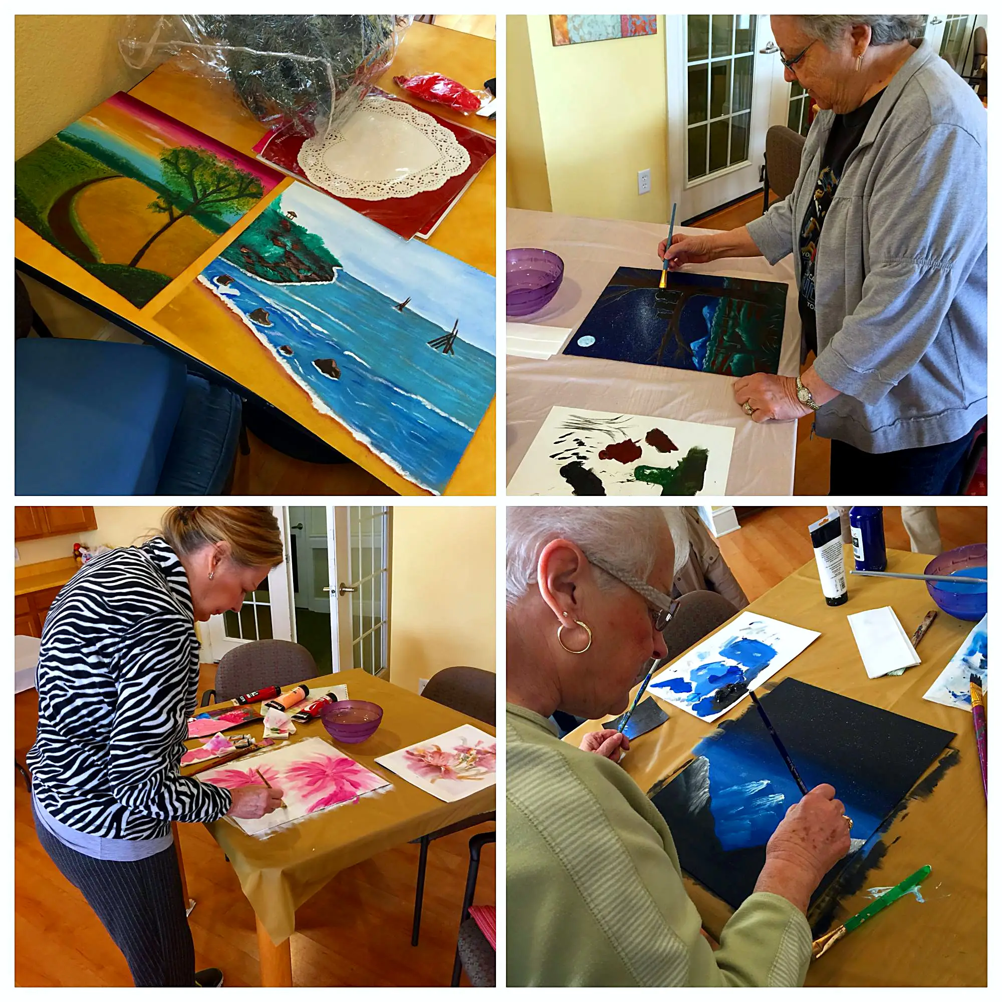 Seniors painting landscapes, night skies and flowers in class