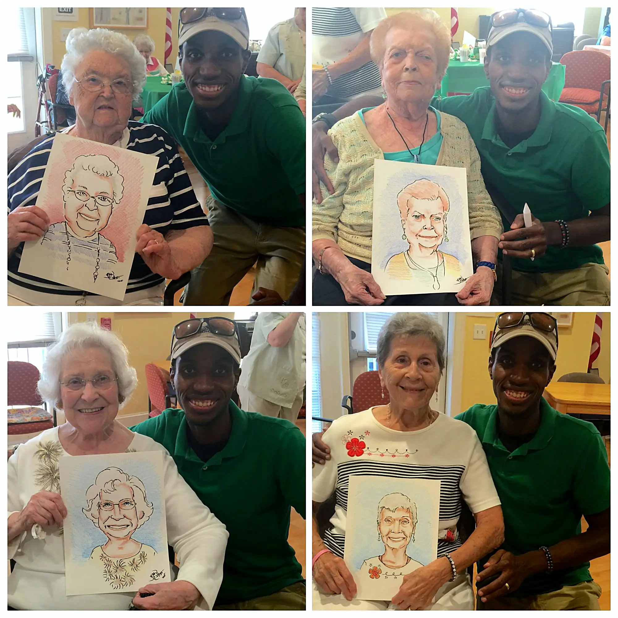 Jean Esther with seniors holding their hand-drawn portraits